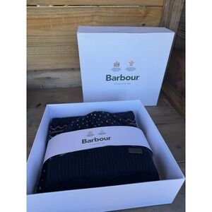 NEW BARBOUR ROTHBURY NAVY MENS WOOL TARTAN SCARF & BEANIE HAT SET IN GIFT BOX‎